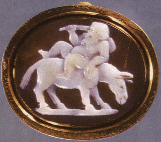 Drunk Silenus riding a donkey. Onyx. 1st century BCE.