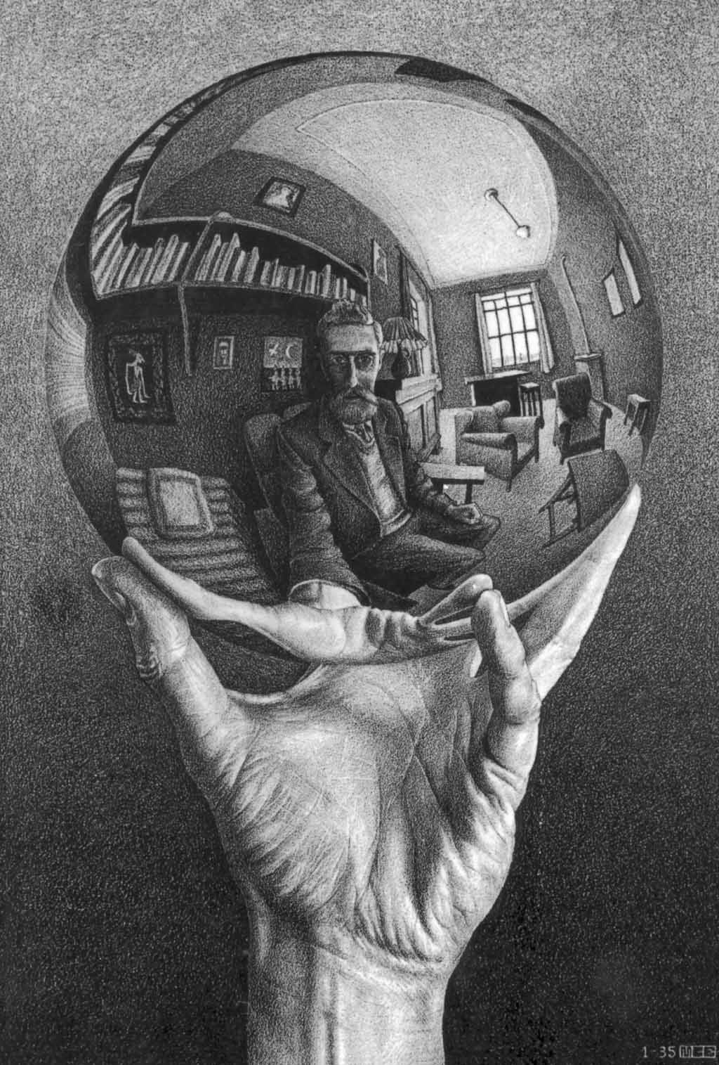 Hand with Reflecting Sphere by M. C. Escher. Lithograph, 1935.