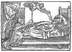 07. O anjo da morte, colhendo a alma, na forma de uma criança, de um moribundo.Reiter_s Mortilogus, Augsburg, 1508