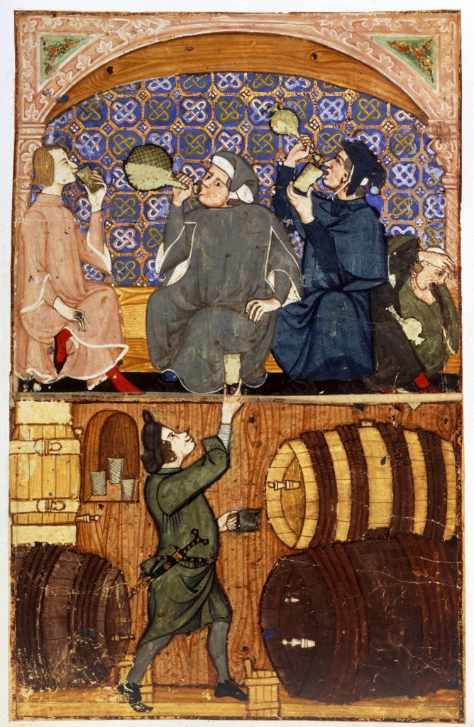 Tavern scene. Meb drinking, with a cellarer below. Late 14th century
